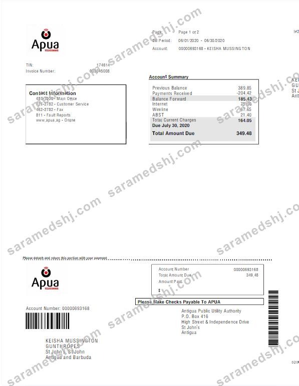 ANTIGUA AND BARBUDA APUA utility bill Word and PDF template
